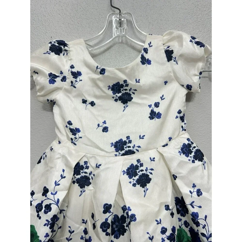 Janie & Jack Floral Dress Sz 3 Satin Ivory Blue & Green Formal Occasion Holiday
